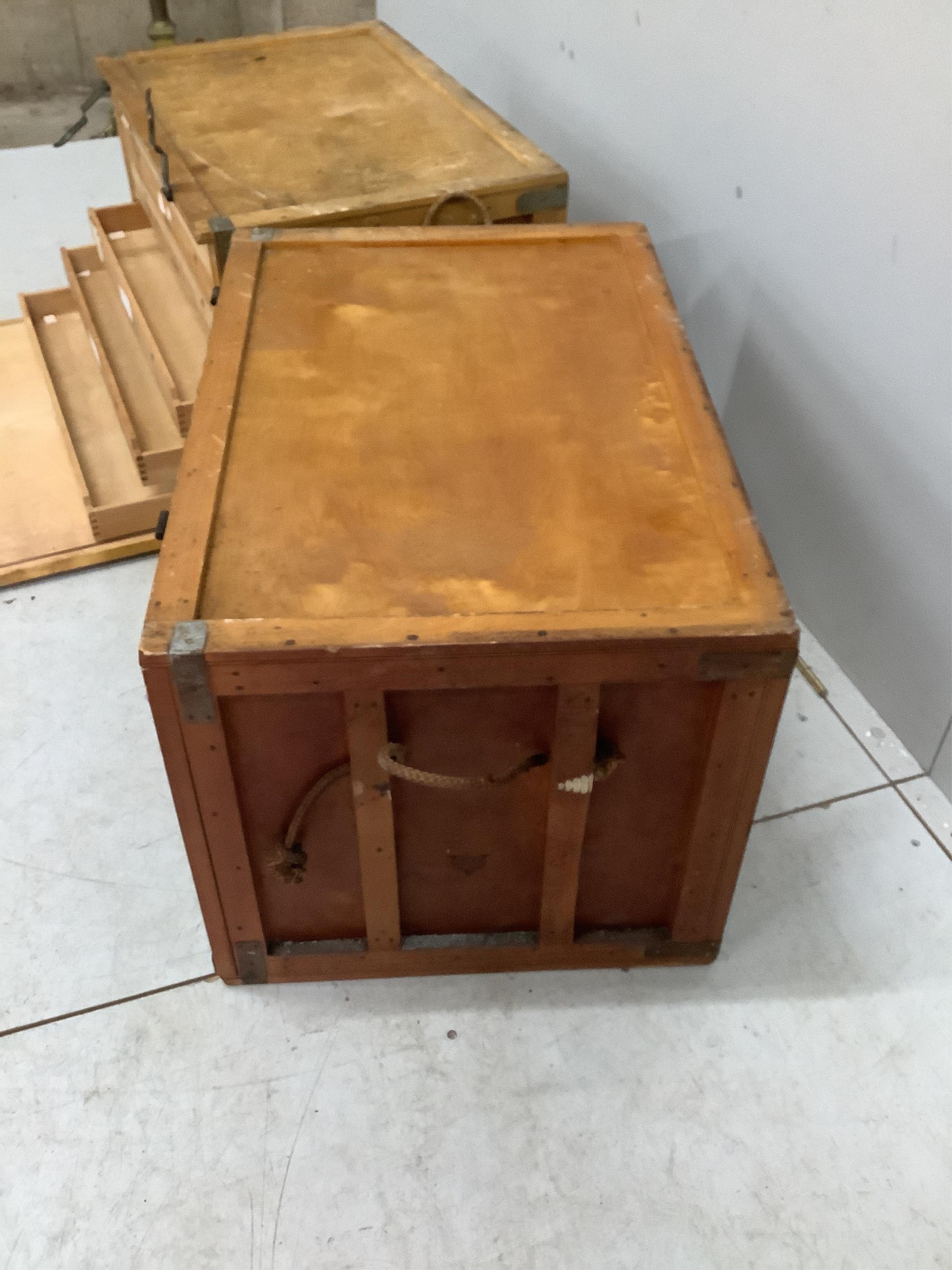 Four vintage Venesta storage trunks, width 76cm, depth 50cm, height 46cm., Provenance - Harrison Zoological Museum, Bowerwood House in Sevenoaks., Condition - fair